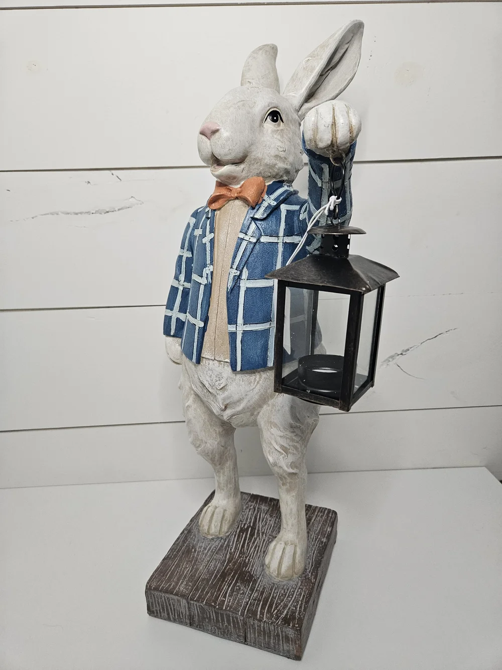 NWT White Bunny Rabbit w Blue Jacket & Lantern Decor